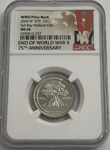 2020 W SALT RIVER BAY NATIONAL PARK NGC MS66 V75 WWII PRIVY QUARTER 25c WW2 Cover