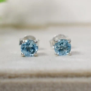 Sky Blue Topaz Studs, Round Solitaire Studs, Wedding Gift, Sterling Silver Studs - Picture 1 of 4