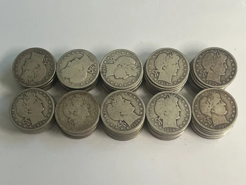 Silver Barber Half Dollar Lot of (10) 90% Silver Coins 1895-1915, In Coin Tube Cover