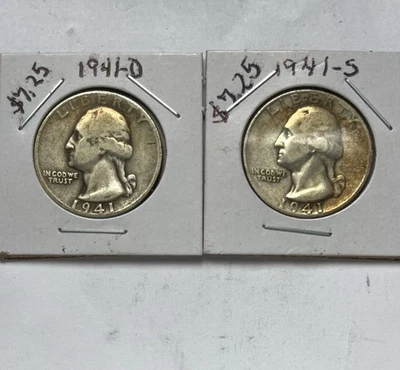 1941 D & 1941 S Silver Washington Quarters Mixed Circulated Condition - Image 1 of 2
