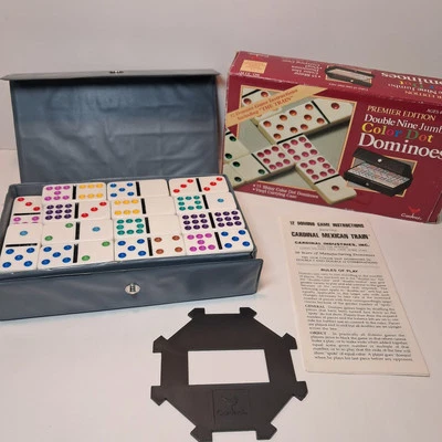 Dominoes 55 Double Nine Jumbo Color Dot Cardinal Premier Edition Complete W Case - Image 1 of 4