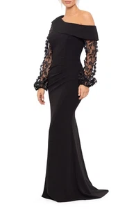 Xscape 4648 Floral Appliqué Long Sleeve Gown Sz 16 ($298) Black - Picture 1 of 2
