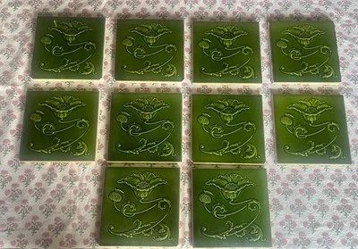 Minton Hollins & Co Stoke on Trent Lote De 10 Verde Floral Antiguo Art Nouveau Foto 1 de 4