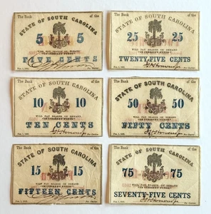RARO! 1863 Carolina del Sud Guerra Civile Set di 6 banconote frazionarie, 5¢–75¢ obsoleto VF-AU - Foto 1 di 14