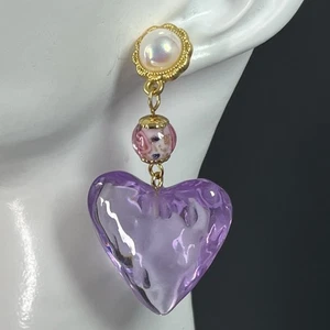 Poured Resin Heart Earrings Purple Pink Venetian Glass Gold Pierced Gripoix - Picture 1 of 9