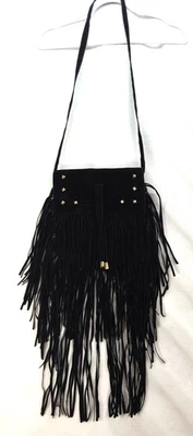 Black Fringe Crossbody Bag Long Fringe Studded Biker Rock and Roll Faux Suede - Image 1 of 4