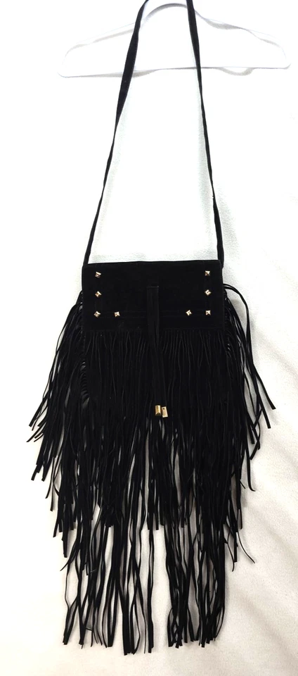 Black Fringe Crossbody Bag Long Fringe Studded Biker Rock and Roll Faux Suede - Image 1 of 4