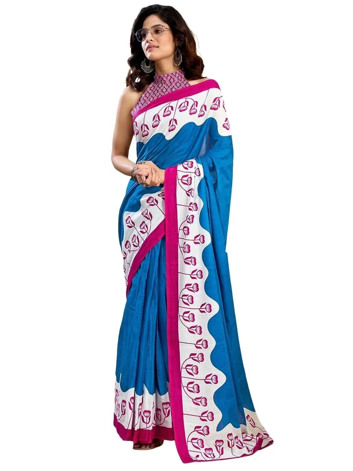 Sari para mujer estampado de algodón puro listo para usar un minuto precosido Foto 1 de 1