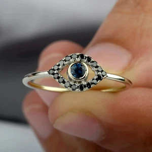 Evil Eye Ring Solid 14k Yellow Gold Ring Blue Sapphire Ring Black Diamond Ring - Picture 1 of 3