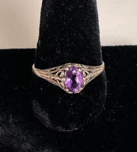 Vintage 925 Sterling Silver Signed "KBN" w/ Amethyst Stone Ring Size 8 - Picture 1 of 8