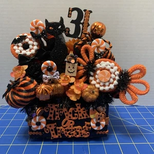 Halloween Small Wood Crate Tiered Tray Table Decor Florals Lollipop Pumpkins New - Picture 1 of 10