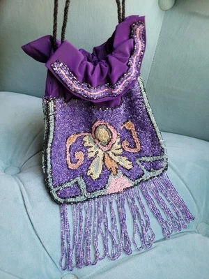 Antique 1920s Purple & Pink Beaded Flapper Purse Evening Bag - Image 1 of 4