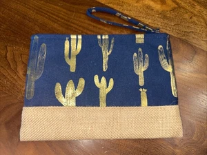 Clutch Purse, blue with gold Metallic Cactus 10”x 7” Wrist Strap NWT - Picture 1 of 6