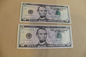 Lot of 4 SEQUENTIALLY numbered five (5) DOLLAR NOTES. Series 2021. Lot 14 - Picture 1 of 4