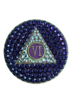 AA Recovery Medallion -Swarovski Bling Purple SIX Years HANDMADE ONE OF A KIND - Picture 1 of 4