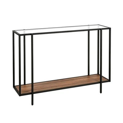 Henn&Hart 42" Blackened Bronze/Rustic Oak Metal/Glass Console Table - Image 1 of 4