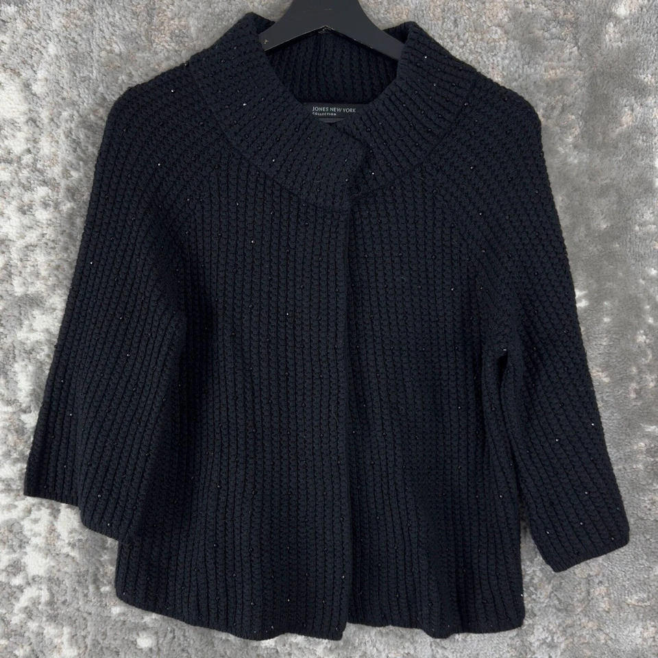 Cárdigan Suéter Jones New York Talla M Estrás Grueso Acanalado Tejido Negro Foto 1 de 4