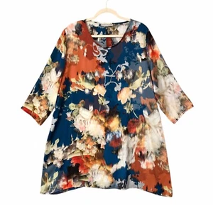 Bryn Walker Satin Watercolor Long Tunic Top Floral Artsy Boho Read Women’s XL - Picture 1 of 10