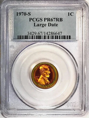 1970-S Large Date Lincoln Memorial Cent PCGS PR67RB Bullseye Halo Rainbow Toned - Image 1 of 2