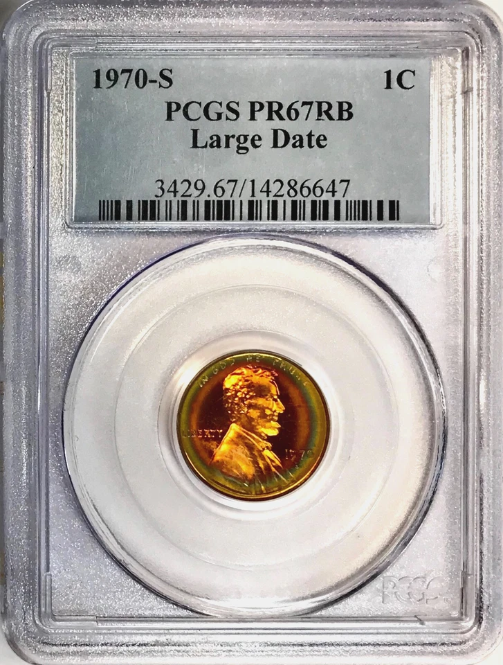 1970-S Large Date Lincoln Memorial Cent PCGS PR67RB Bullseye Halo Rainbow Toned - Image 1 of 2