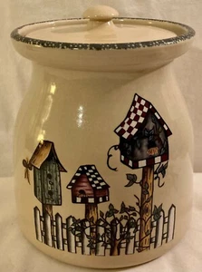 Home & Garden Party Canister With Lid Bird Houses Stoneware Excellent - Picture 1 of 7