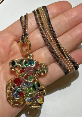 Teddy Bear Blue Sapphire Red Ruby Rhinestones Caged Shiny Pendant Necklace - Image 1 of 4