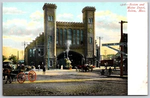 Postcard MA Salem Boston and Maine Depot Train Engine Railroad Horse Buggy UDB - Foto 1 di 2