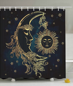 Celestial Moon Sun Stars NAVY Fabric SHOWER CURTAIN 70" w/Hooks