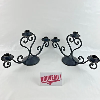 ➜PAIRE DE BOUGEOIRS/CHANDELIERS à 3 bras en métal fer forgé style baroque ancien - Photo 1/4