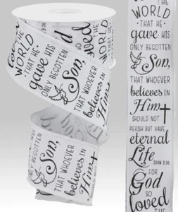Johannes 3:16 Religiöse Christliche Schrift WEISS Leinwand verdrahtet 2,5" Band von Yard - Bild 1 von 1