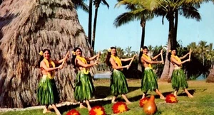  Pretty Hula Dancers Grass Skirts Hawaii Chrome Post Card  - Picture 1 of 3