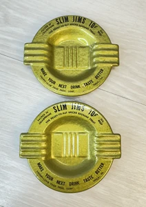 Lot of Two 2 Vintage Mid Century Enameled Slim Jim Advertising Metal Ashtrays - Picture 1 of 6