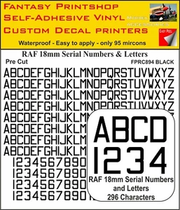 RC Vinyl Aufkleber Aufkleber RAF BUCHSTABEN ZAHLEN 18 mm VORSCHNITT FPRC894 SCHWARZ GLÄNZEND - Bild 1 von 3