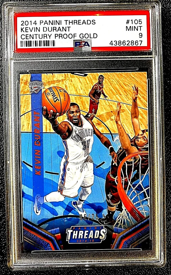 Kevin Durant 2014 Panini THREADS CENTURY Proof GOLD SP #D /25 PSA 9 MINT #105 - Image 1 of 2