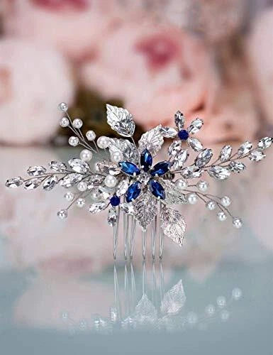 Aimimier Bridal Sapphire Crystal Hair Comb Pearl Blue Crystal Leaf Marquise  - Image 1 of 4