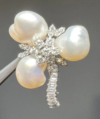 Stunning ESTATE 14k White Gold 2.00ct Diamond & Natural Pearl Brooch Pin - Image 1 of 4