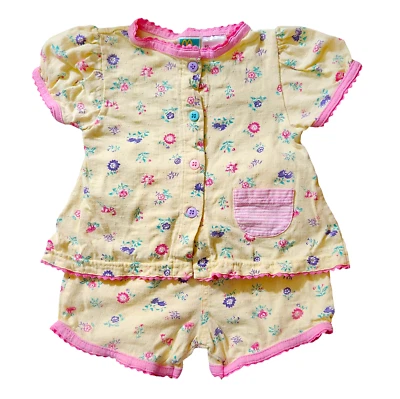 Conjunto de Camisa/Shorts Vintage McBaby 2 Peças Amarelo Floral Acabamento Rosa Tamanho 12 meses - Imagem 1 de 4