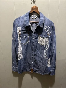 Camisa de rodeo Double D Ranch Santiago de mezclilla bordada perla a presión para mujer talla mediana - Imagen 1 de 10