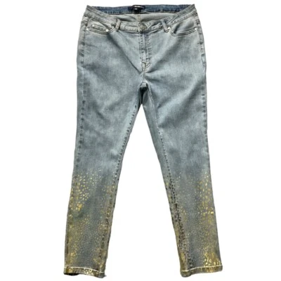 Jeans feminino jeans 24/7 tamanho 14W lavagem leve denim dourado enfeite metálico x28" - Imagem 1 de 4