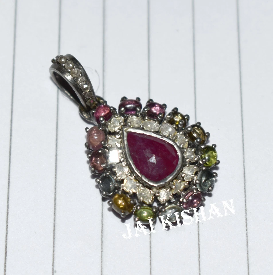 Rubino Multi Tormalina Gemma Polki Diamante 925 Argento Sterling Etnico Ciondolo - Immagine 1 di 4