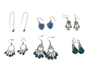 Pierced Drop Earrings, Lot of 6 Silver Tone With Blue & Teal Crystals And Beads - Picture 1 of 16