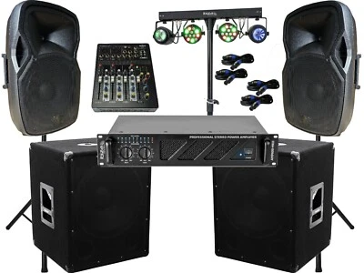 DJ PA Anlage 3600 Watt 38cm Box USB Mischpult 15" Subwoofer Stativ LED Light Set - Bild 1 von 4