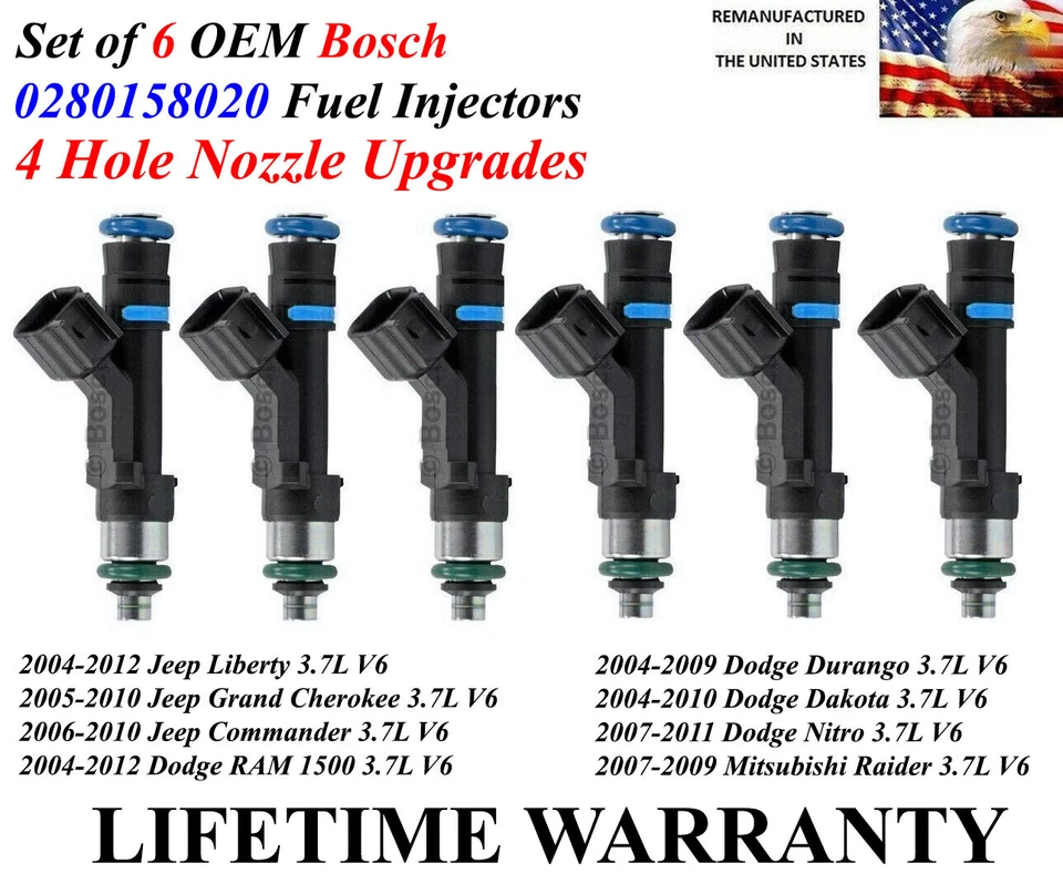 OEM Bosch 4 Hole Set of 6 Fuel Injectors For 2007-2009 Mitsubishi Raider 3.7L V6 - Image 1 of 1
