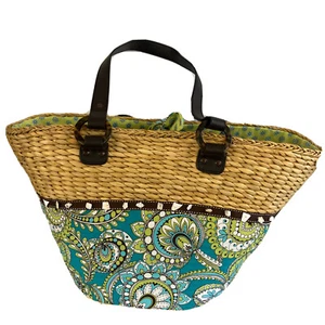Vera Bradley Peacock Floral Straw Wicker Fabric Tote Bag Blue Green Large Purse - Picture 1 of 10