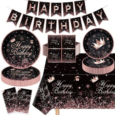 Paquete de 123 suministros de fiesta de oro negro y rosa negro rosa decoración de fiesta de cumpleaños Foto 1 de 4