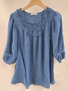Indigo Soul Bluse Damen groß blau Häkelausschnitt Boho bestickt Tunika Top - Bild 1 von 10