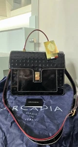 NWT ARCADIA SATCHEL BAG ITALIAN DESIGNER BLACK 1521 PATENT LOGO LEATHER - Picture 1 of 15