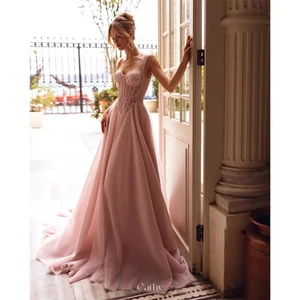 Pink Beaded Sweetheart Prom Dress Leaf Straps A-line Long Train Evening Dresses - Picture 1 of 7