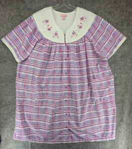 Serenada Nightgown Womens 5X 34/36W Purple Plaid Snap Front Pockets Embroidered - Picture 1 of 17
