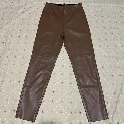 Calça Zara Feminina Couro Sintético Marrom Médio Cintura Alta Leggings Skinny Pull On - Imagem 1 de 4